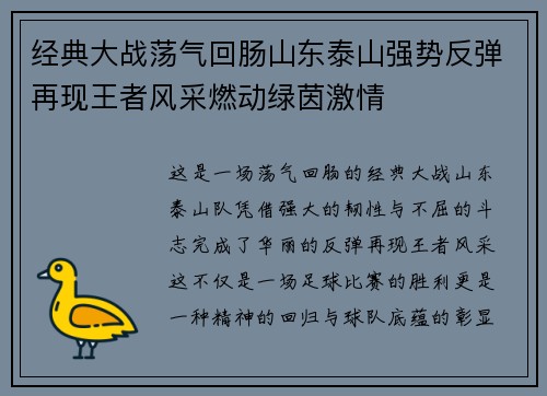经典大战荡气回肠山东泰山强势反弹再现王者风采燃动绿茵激情 经典大战荡气回肠山东泰山强势反弹再现王者风采燃动绿茵激情