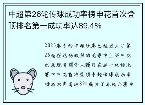 中超第26轮传球成功率榜申花首次登顶排名第一成功率达89.4% 中超第26轮传球成功率榜申花首次登顶排名第一成功率达89.4%